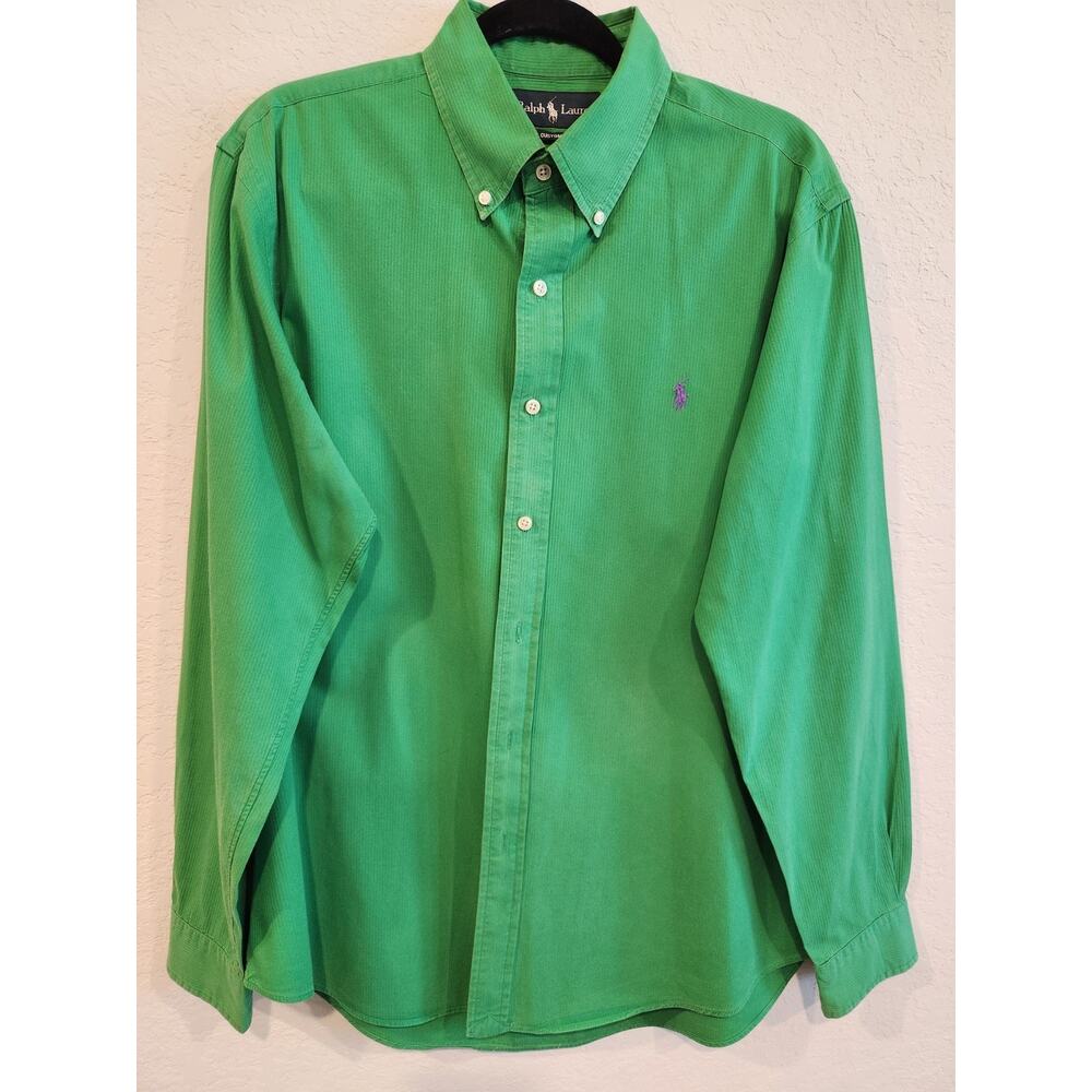 Ralph Lauren Men’s Custom Fit Button-Down Shirt L Green Purple Pony Logo Long...